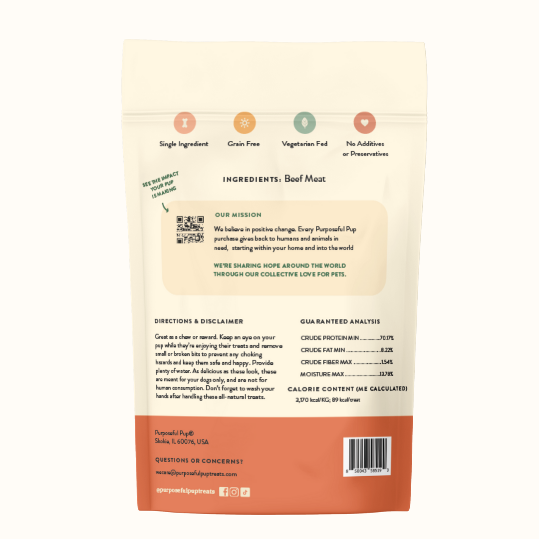 Beef Sausage 10 Pack back label – single ingredient beef, grain free, no additives | Purposeful Pup