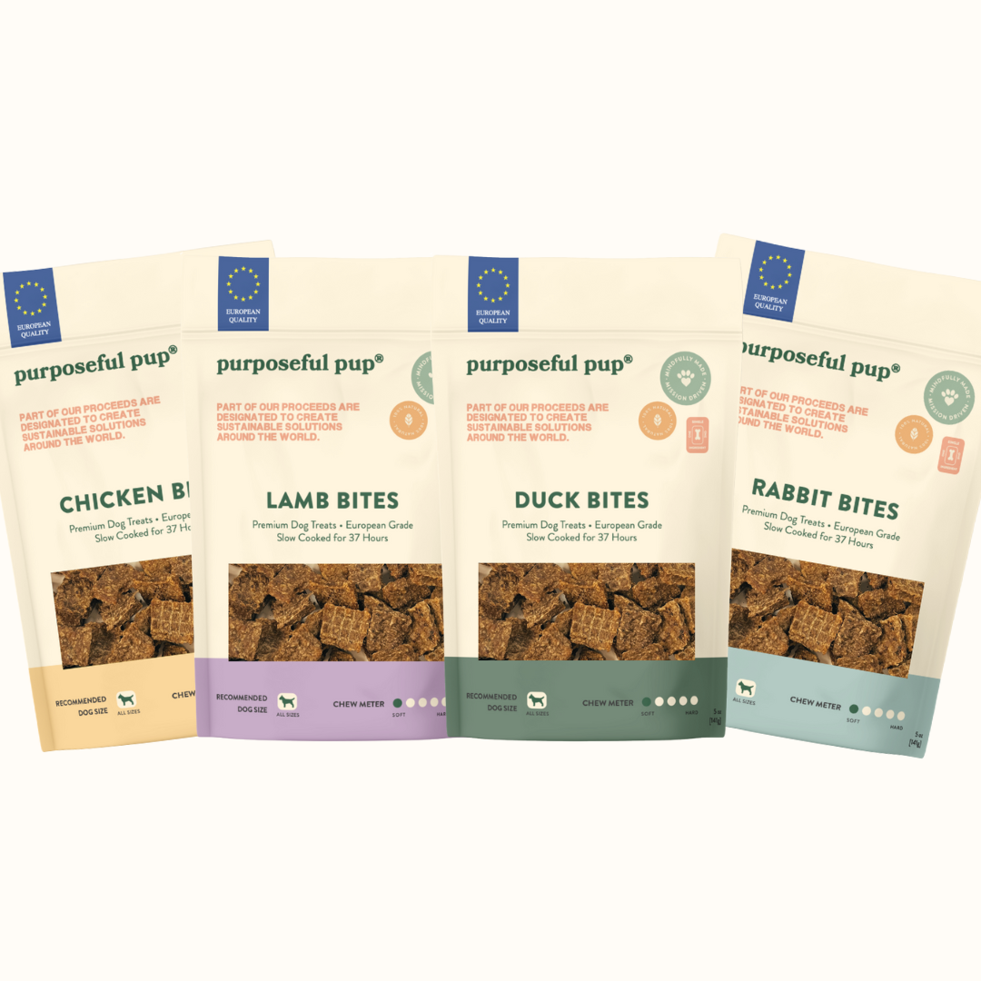 Bites Bundle – Chicken, Lamb, Duck & Rabbit single-ingredient natural dog treats variety pack by Purposeful Pup