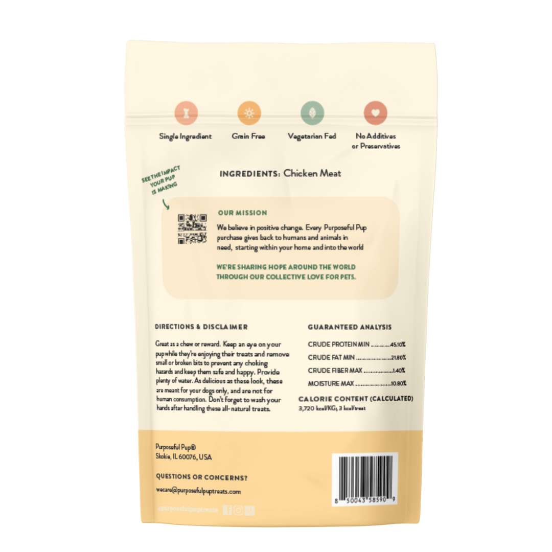 Chicken Bites 5oz back label – single ingredient chicken, grain free, no additives | Purposeful Pup