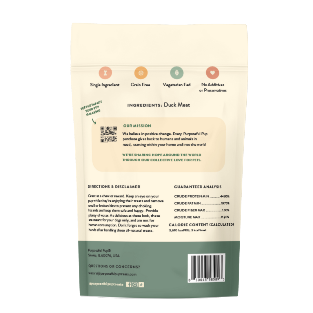 Back of Duck Bites 5oz package showing single-ingredient duck meat, grain-free, vegetarian fed, no additives