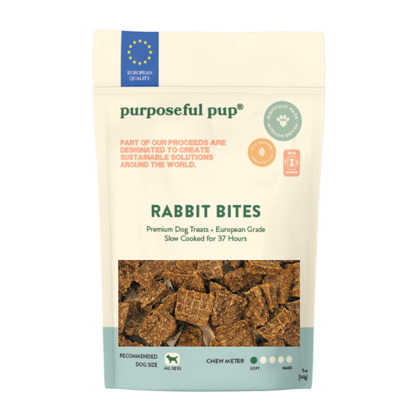 Rabbit Bites 5oz – single-ingredient rabbit dog treats front package | Purposeful Pup