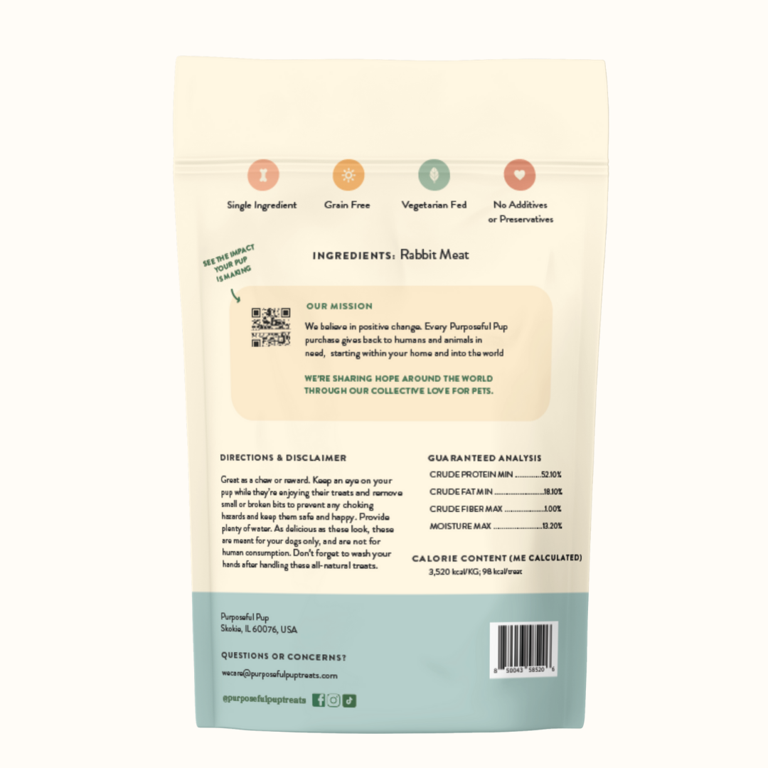 Rabbit Sausage 10 Pack back label – single ingredient, grain free, vegetarian fed, no additives | Purposeful Pup