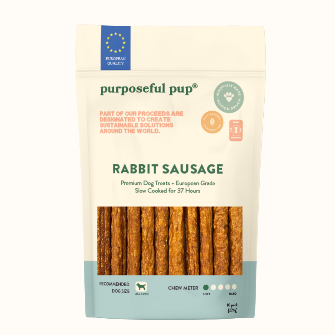 Rabbit Sausage 10 Pack – single-ingredient rabbit sausage dog treats front package | Purposeful Pup