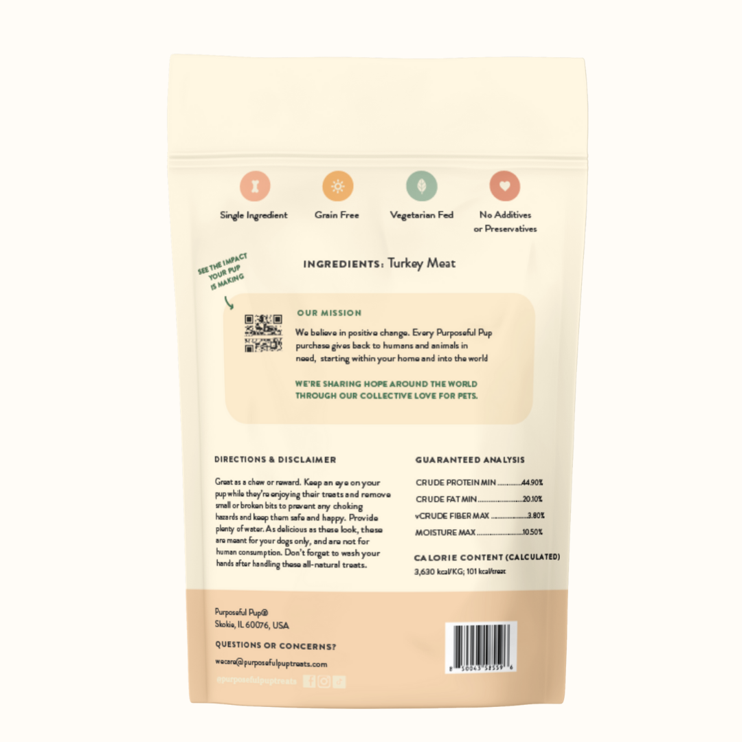 Turkey Sausage 10-pack back label – single ingredient turkey, grain free | Purposeful Pup